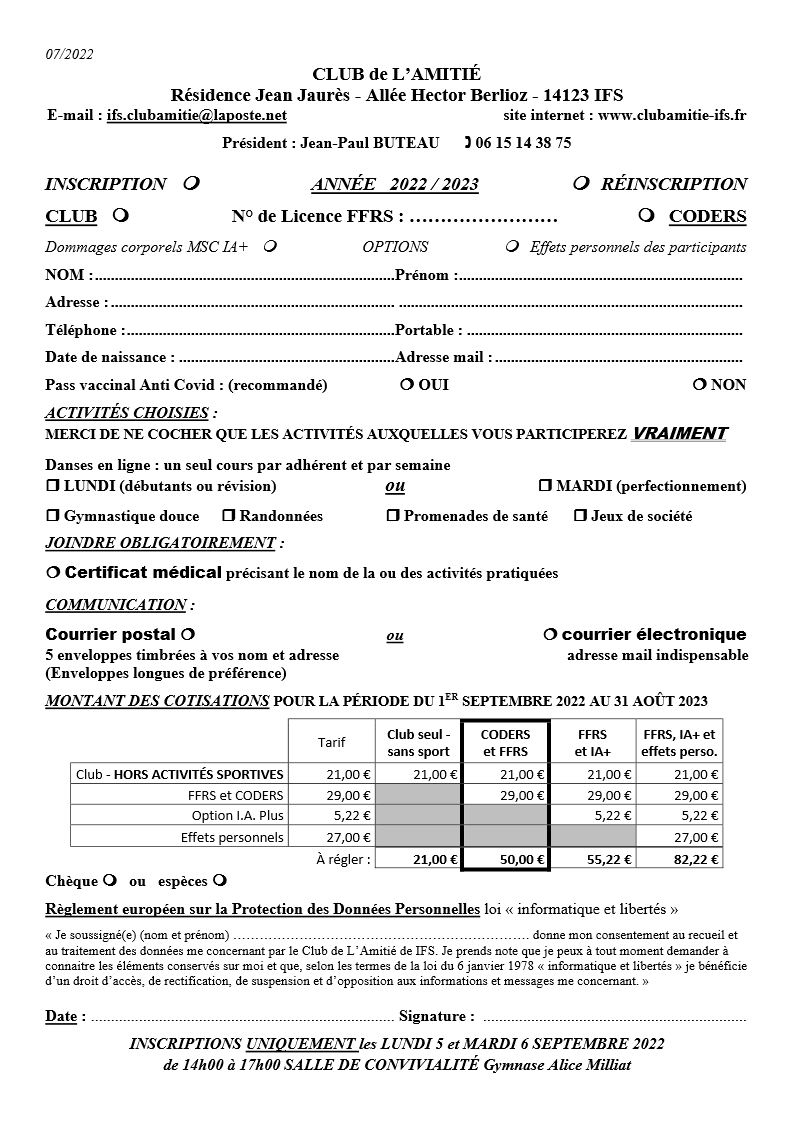Bulletin inscription club amitie