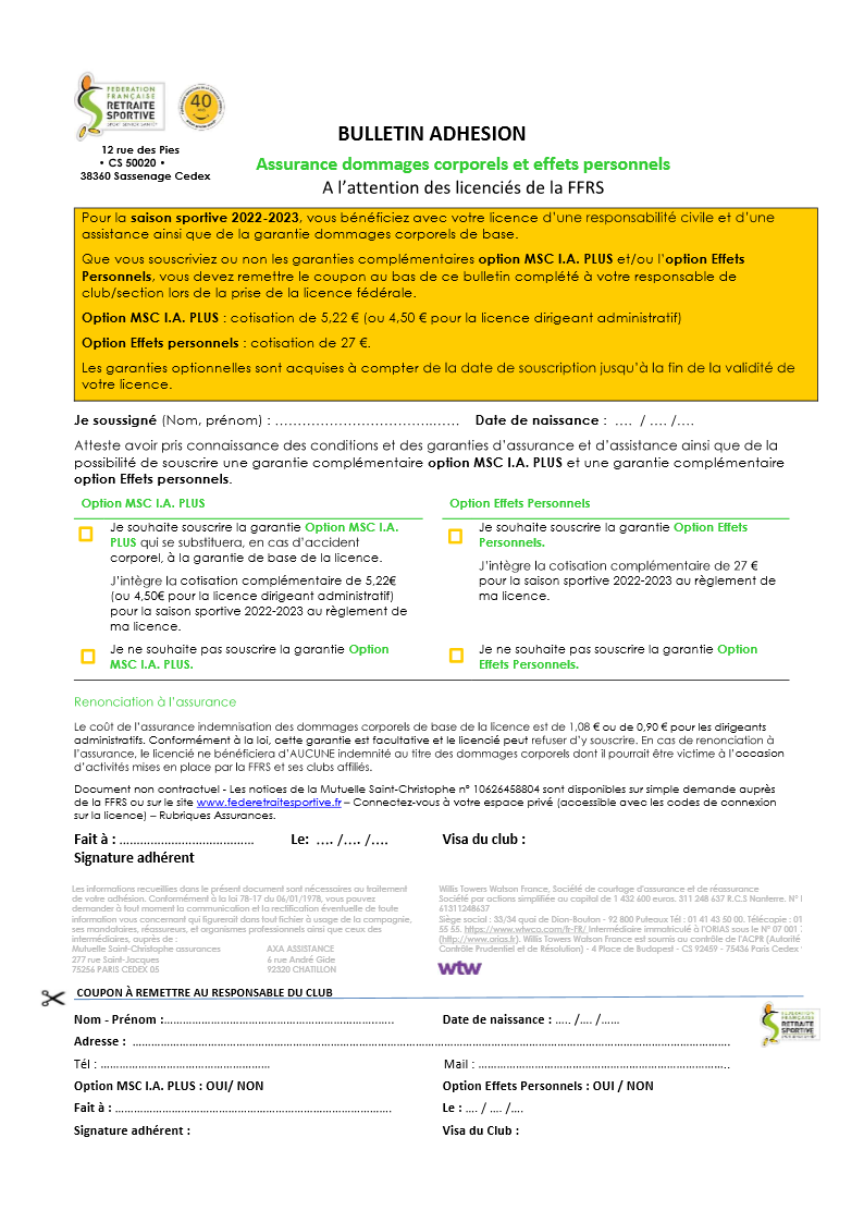 Formulaire adhesion assurance ffrs page 1